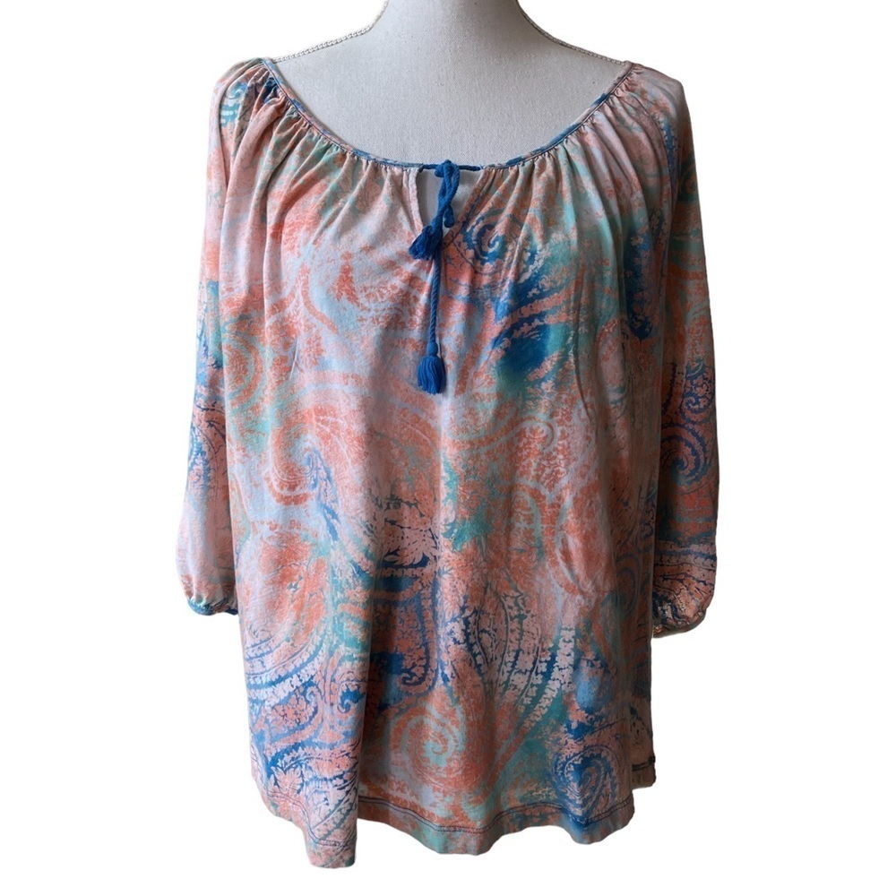 LAUREN RALPH LAUREN WOMENS CORAL AND BLUE PULLOVER 3/4 SLEEVE BLOUSE SIZE XL